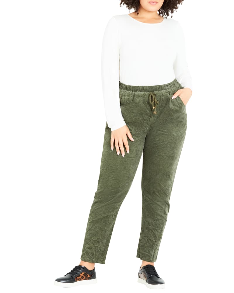 Front of a model wearing a size 22 PANT WALK ON BY in Olive Green by Evans. | dia_product_style_image_id:302779